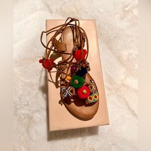 Chinese laundry leather strap and Pom Pom sandals coachella vibes!